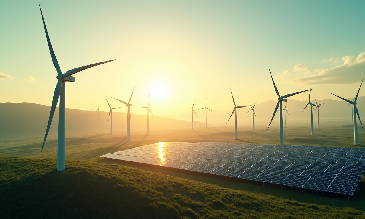 Panoramic view of a modern wind farm and solar array at sunrise, symbolizing renewable energy.