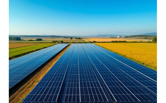 Large ground-mounted solar farm next to an agricultural field under clear blue sky