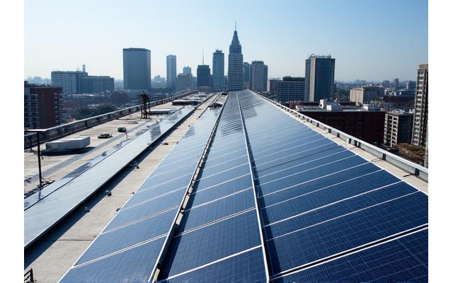 Large commercial solar array installation on a building rooftop in Dublin, Ireland