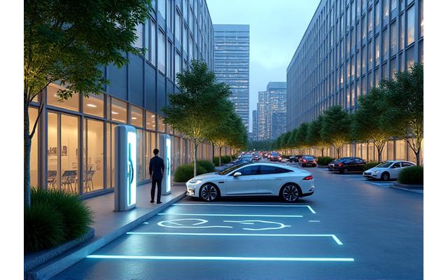 Sleek EV charging stations integrated into a modern corporate campus parking area