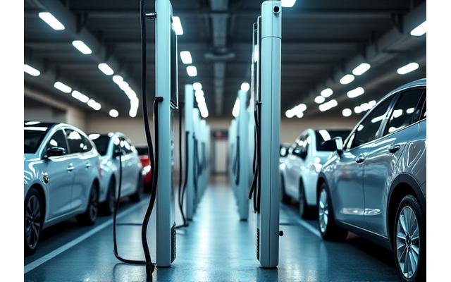Multiple electric vehicle charging points in a public car park with modern design