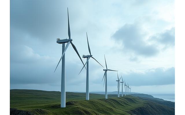 Wind turbines against a dramatic sky, part of a regional wind farm development