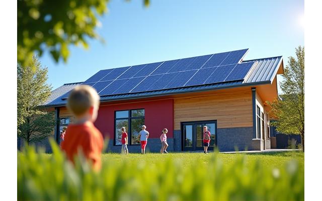 Solar panels installed on the roof of a modern school building with children playing in the foreground