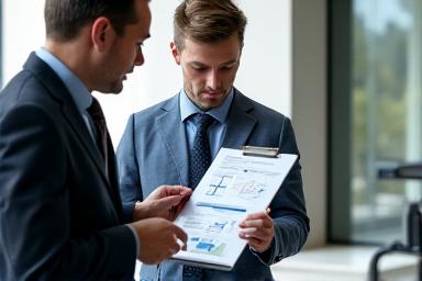 Business professionals discussing renewable energy finance documents