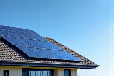 Solar panels on a modern rooftop with clear sky