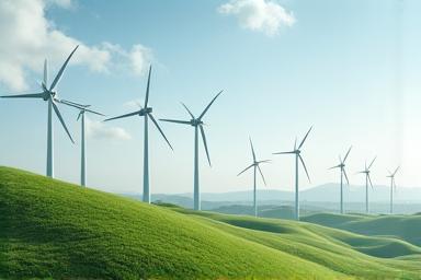 Large wind turbines turning in a landscape with green hills